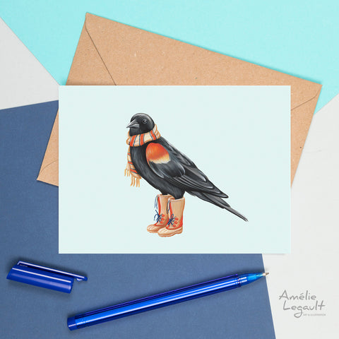 carte d'oiseau, carte de noël d'oiseau carouge à épaulette en bottes d'hiver par l'artiste Amélie Legault, bird greeting card, bird holiday card, american red winged christmas card by canadian artist Amelie Legault
