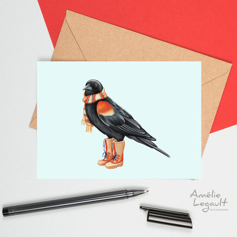 carte d'oiseau, carte de noël d'oiseau carouge à épaulette en bottes d'hiver par l'artiste Amélie Legault, bird greeting card, bird holiday card, american red winged christmas card by canadian artist Amelie Legault