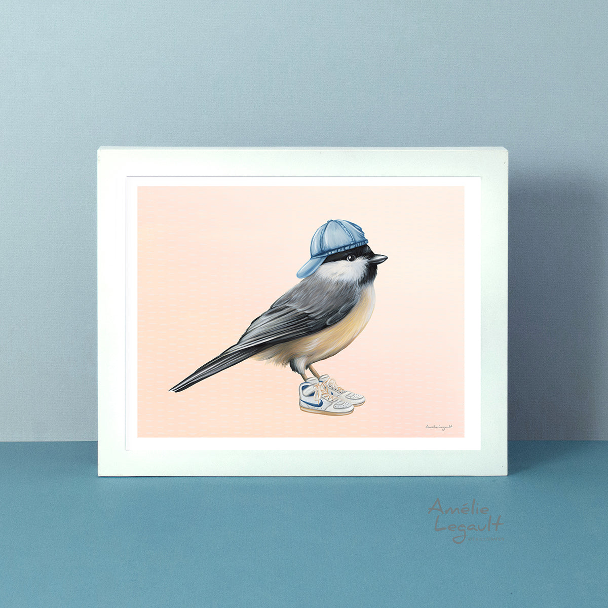 Affiche de mésange en souliers de course, illustration de mésange, oiseaux du québec, oiseaux du canada, oiseaux nord américain, Amélie Legault