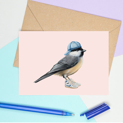 carte de souhaits d'oiseau mésange avec tuque et souliers, carte d'oiseau, carte de fête, Amélie Legault