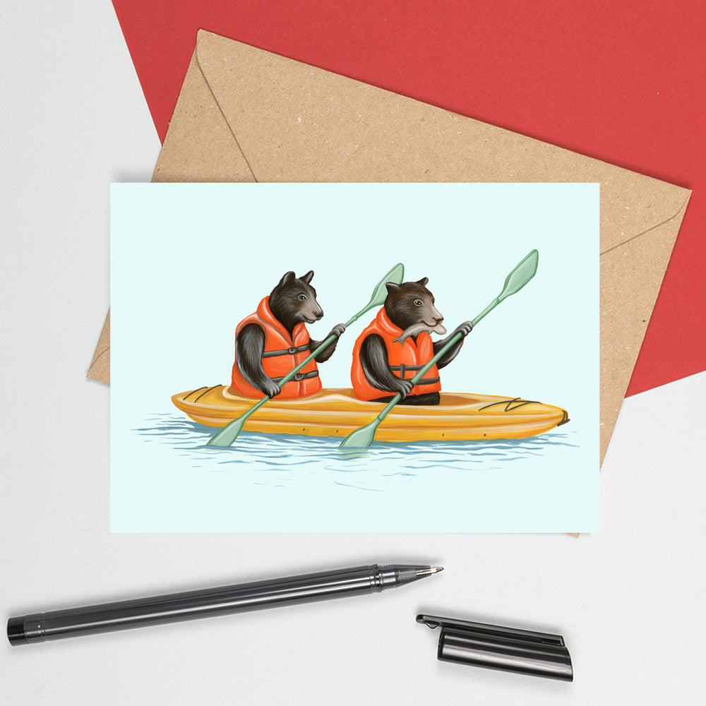 carte de souhaits d'ours noir canadien par Amélie Legault, carte d'anniversaire d'ours en kayak Canadian and north american black bear greeting card, black bear kayak birthday card by Canadian artist Amelie Legault