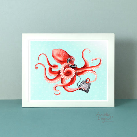 pieuvre au téléphone, poulpe au téléphone, affiche de pieuvre, illustration de pieuvre, peinture de pieuvre, amelie legault, artiste québécoise, fait au québec, téléphone à cadran, oui allo