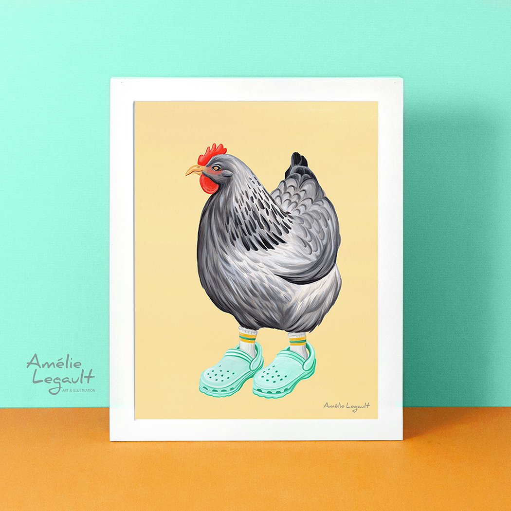 Hen illustration, chicken illustration, shoes, shoes illustration, hen painting, gouache painting, amelie legault, art print, artwork, canadian artist, kitchen decor