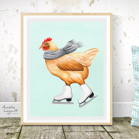 Ice skating illustration, ice skate art, art print, artwork, canadian artist, hen, chicken, amelie legault