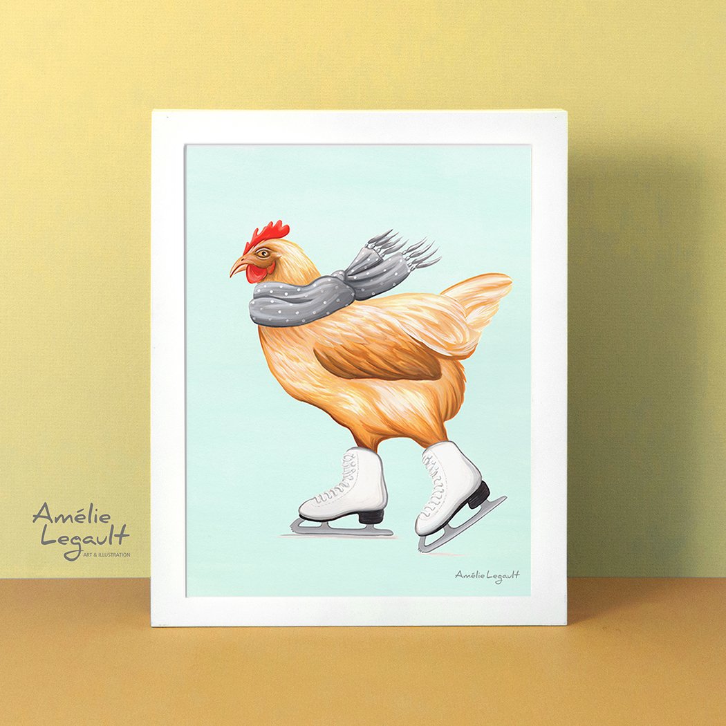Ice skating illustration, ice skate art, art print, artwork, canadian artist, hen, chicken, amelie legault