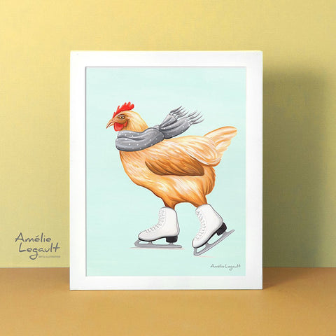 Ice skating illustration, ice skate art, art print, artwork, canadian artist, hen, chicken, amelie legault