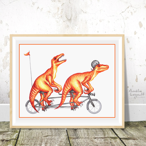 Raptors on a tandem bike, dinosaure print, art print, dinosaure artwork, raptor illustration, amélie legault, dinosairs drawing, tandem bike illustration, tandem bike artwork,
