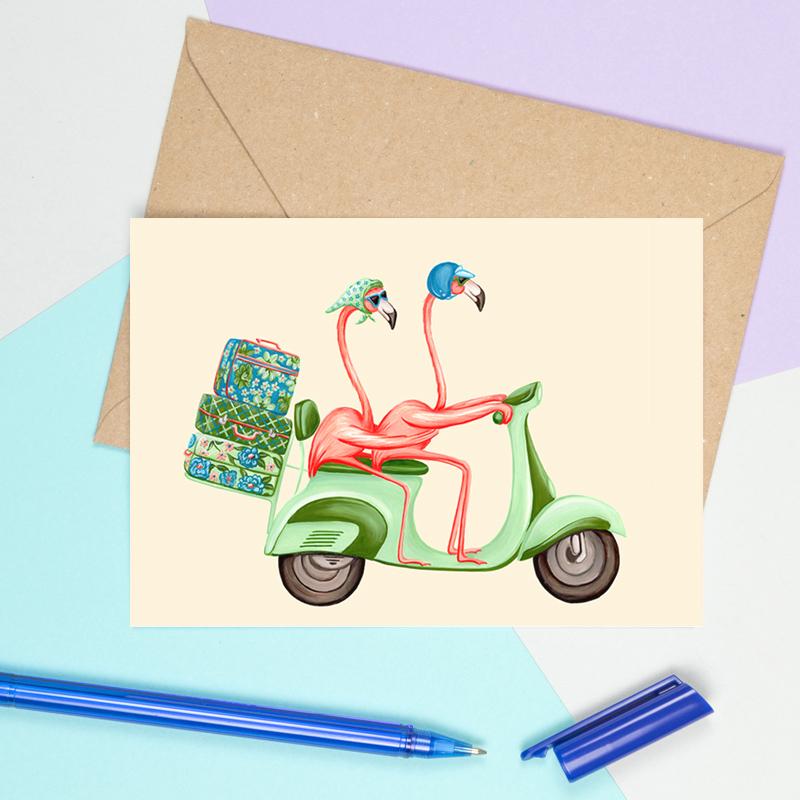 flamingo card, birthday card, wedding card, i love you card, travel card, amelie legault, flamingo party, flamingo love, happy birthday, vespa card,