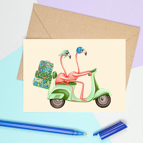 flamingo card, birthday card, wedding card, i love you card, travel card, amelie legault, flamingo party, flamingo love, happy birthday, vespa card,