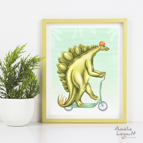 Stegosaurus on scooter, Print, drawing, stégosaure, amélie legault, affiche de dinosaure, dinosaur art print, dinosaur drawing,