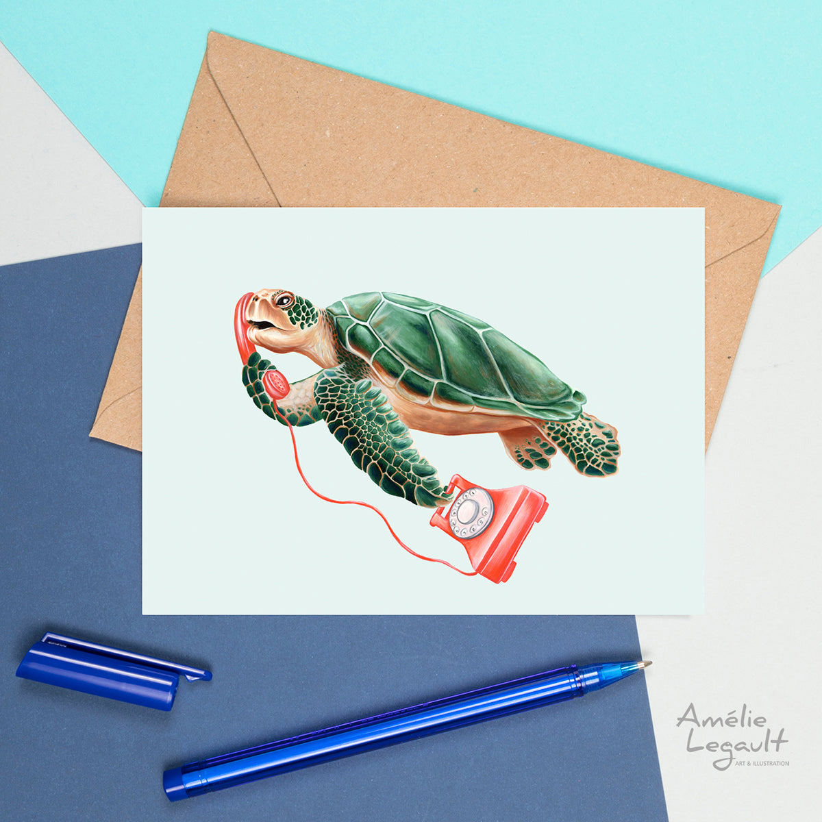 tortue au téléphone, carte de souhait, carte d'anniversaire, carte de fête, carte je t'aime, carte de st-valentin, amelie legault, oui allo, carte bonjour