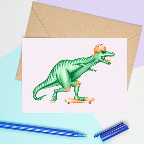 dinosaur birthday card, happy birthday t-rex card, skateboard, skateborading, Amelie Legault, tyrannosaurus card