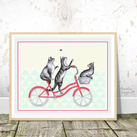 Cats illustration, cat print, cat drawing, cats on a bike, amelie legault, bicycle art print, bicycle love, cat lover