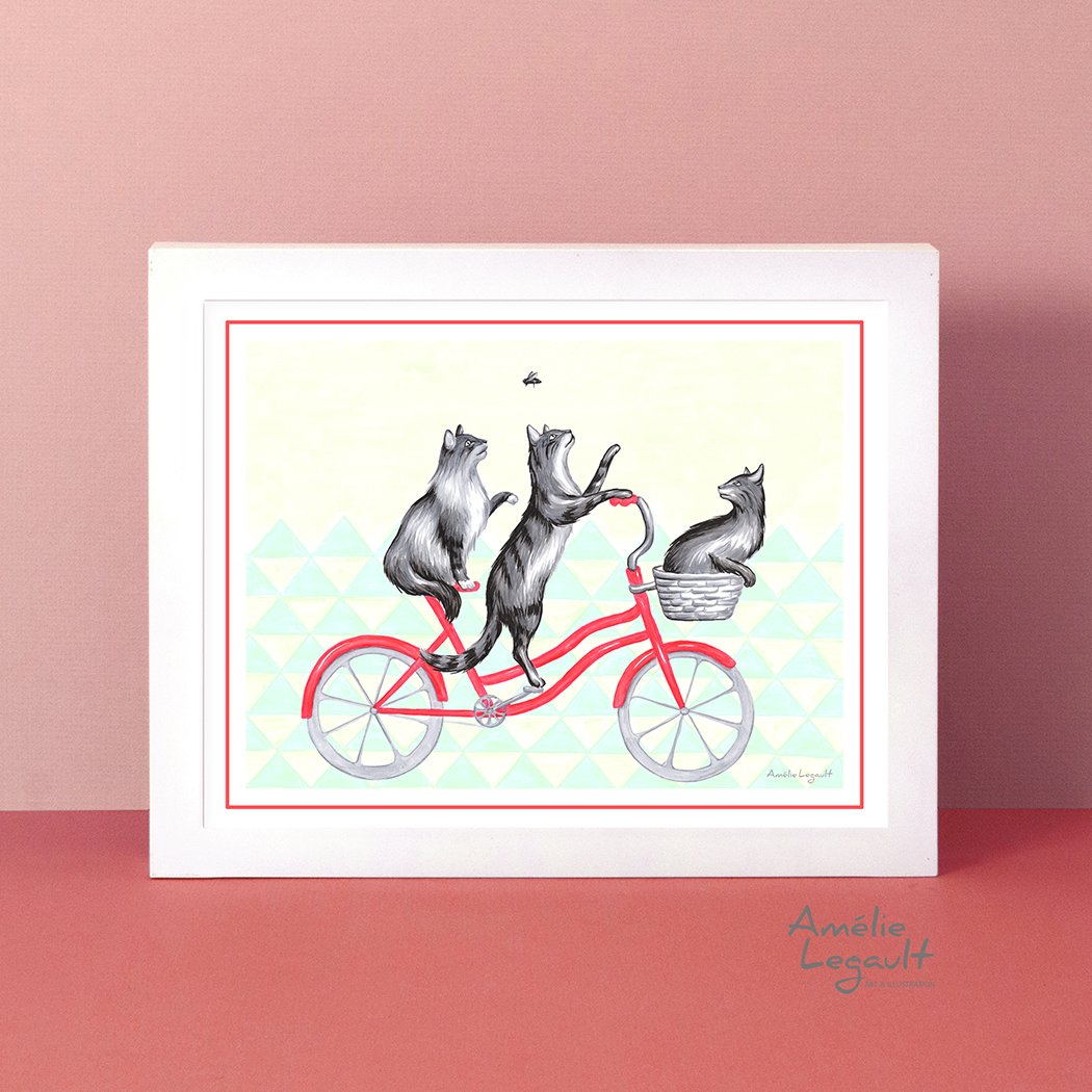 Cats illustration, cat print, cat drawing, cats on a bike, amelie legault, bicycle art print, bicycle love, cat lover