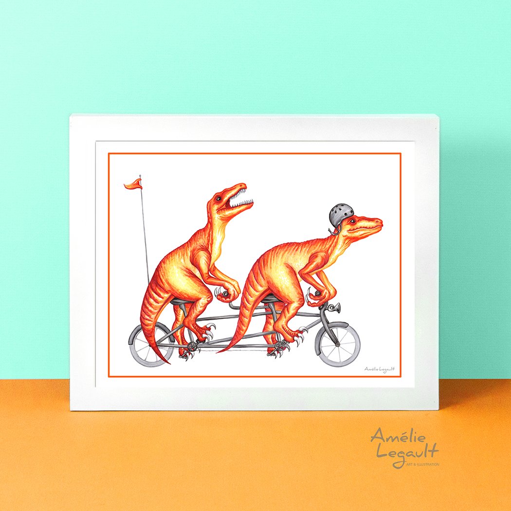 Raptors on a tandem bike, dinosaure print, art print, dinosaure artwork, raptor illustration, amélie legault, dinosairs drawing, tandem bike illustration, tandem bike artwork,