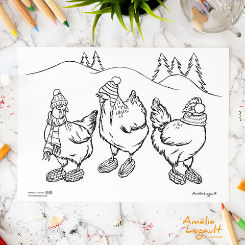 coloriage gratuit, coloriage d'hiver, coloriage de noël, amelie legault, free coloring pages, colouring, holiday coloring, christmas coloring, poule, hen, raccoon, castor, raton, beavers, homard, lobster