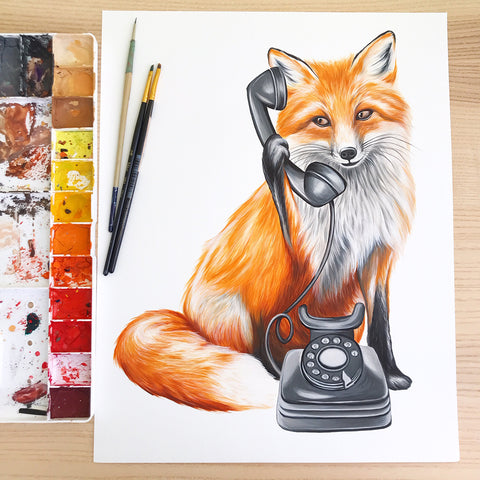 fox painting, fox illustration, gouache painting, amelie legault, canadian art, canadian artist, vintage phone, rotary phone, art work, process