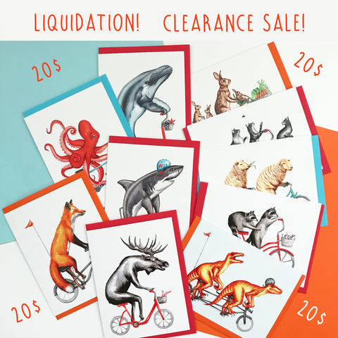 clearance sale, liquidation, amelie legault, animaux à vélo, animals on bikes, greeting cards, birthday cards, happy birthday, cartes de souhaits, cartes d'anniversaire