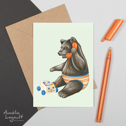Baby bear talking on the phone greeting card with pen