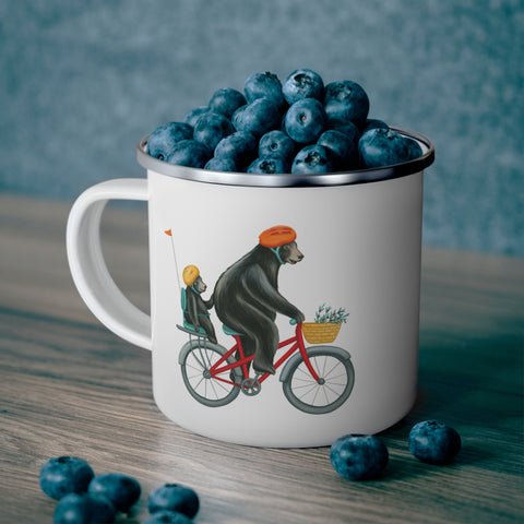 Bear riding a bike enamel mug with stainless steel rim