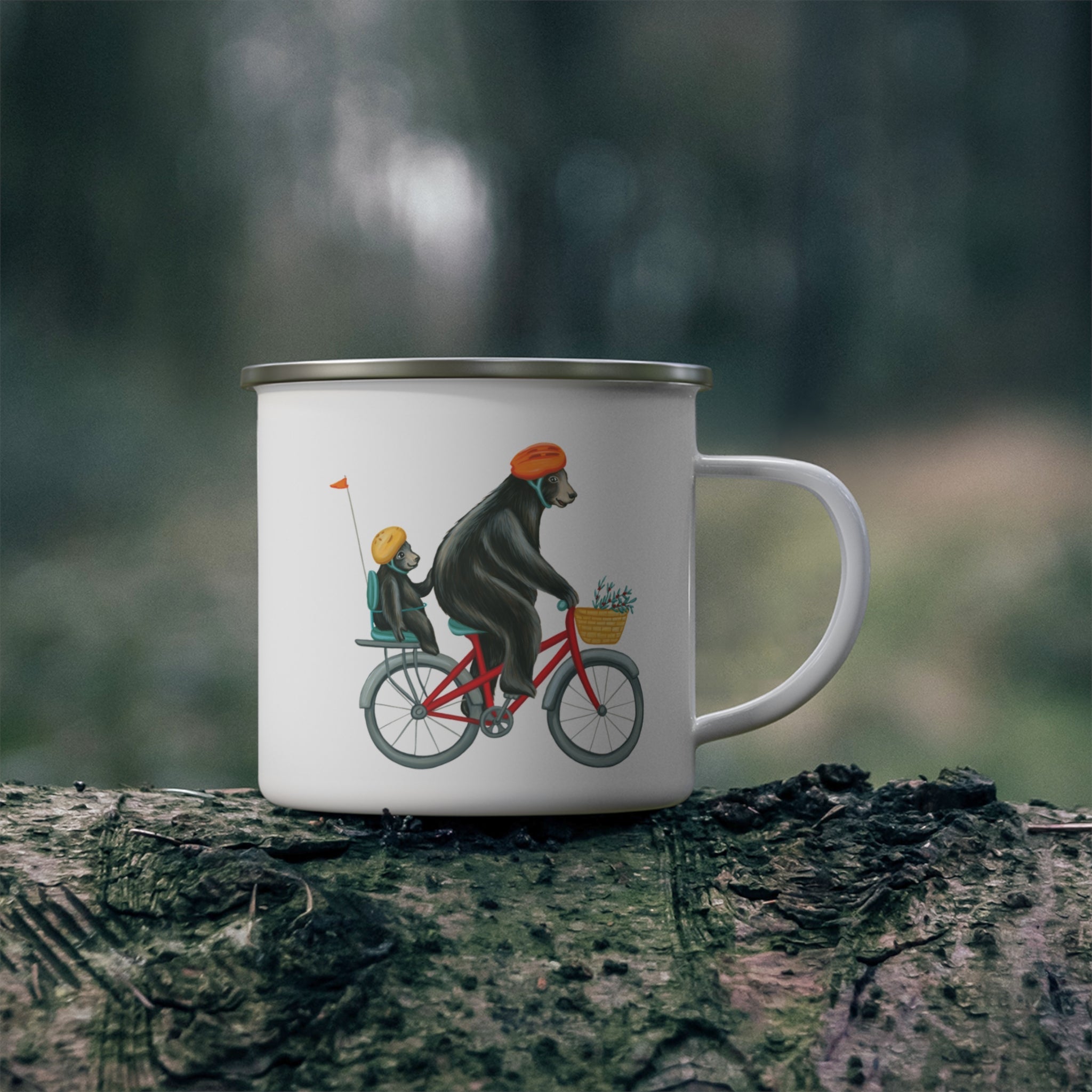 Bear riding a bike enamel mug with stainless steel rim