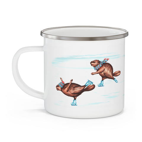 Beavers skating enamel mug with stainless rim