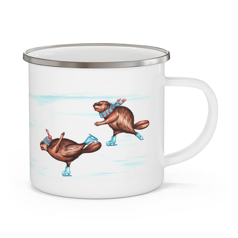 Beavers skating enamel mug with stainless rim