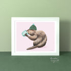 A poster featuring a beaver drinking coffee illustration