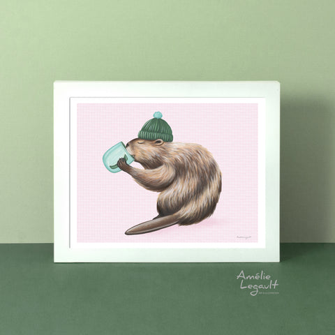 A poster featuring a beaver drinking coffee illustration