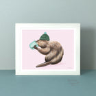 A poster featuring a beaver drinking coffee illustration