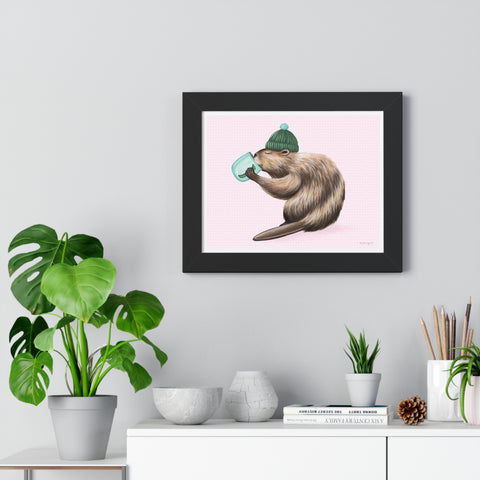 A poster featuring a beaver drinking coffee illustration