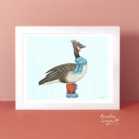 A poster featuring a canadian goose dress for winter by Amelie Legault 