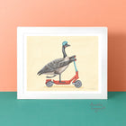 A poster featuring a Canadian goose riding a scooter by Amelie Legault 