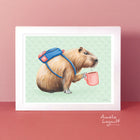 A poster featuring a capybara drinking coffee