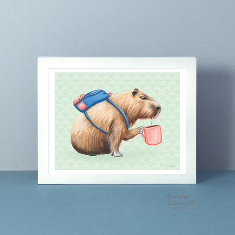 A poster featuring a capybara drinking coffee