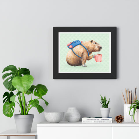 A poster featuring a capybara drinking coffee