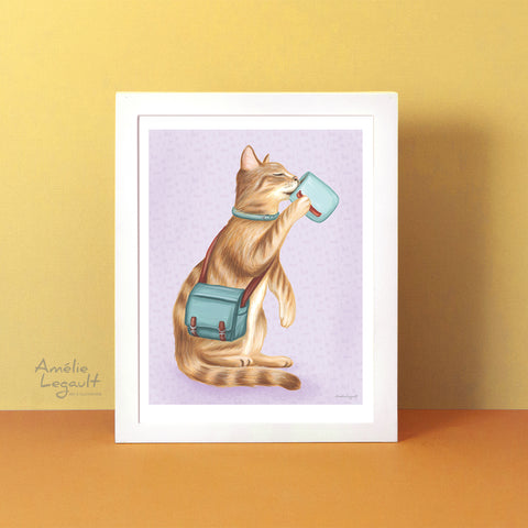 Meet the cat who’s always prepared for adventure, as long as coffee is involved. With a shoulder bag and a favorite blue mug, this playful art print brings warmth, personality, and a little everyday magic to any space.