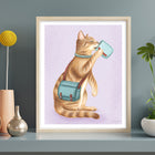 Meet the cat who’s always prepared for adventure, as long as coffee is involved. With a shoulder bag and a favorite blue mug, this playful art print brings warmth, personality, and a little everyday magic to any space.