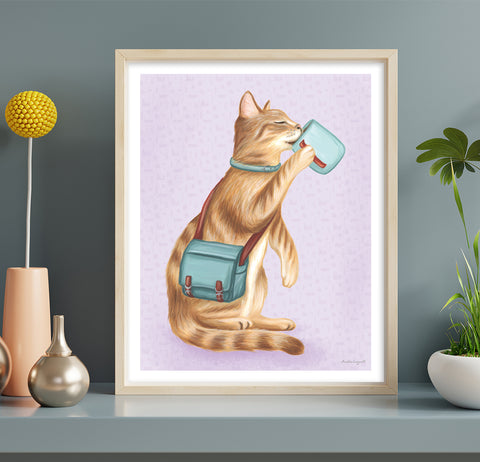 Meet the cat who’s always prepared for adventure, as long as coffee is involved. With a shoulder bag and a favorite blue mug, this playful art print brings warmth, personality, and a little everyday magic to any space.