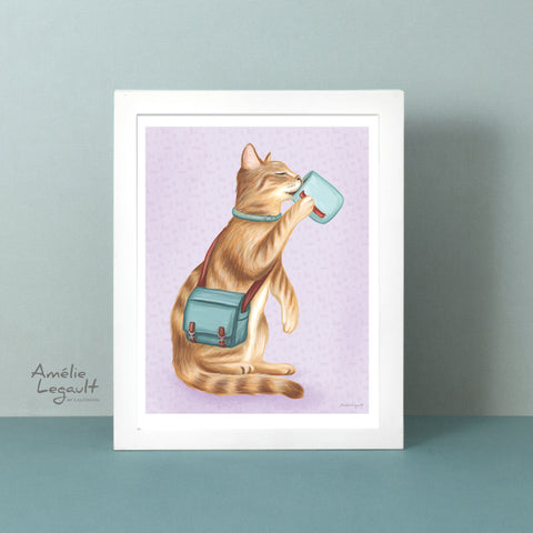 A poster featuring a cat drinking coffee