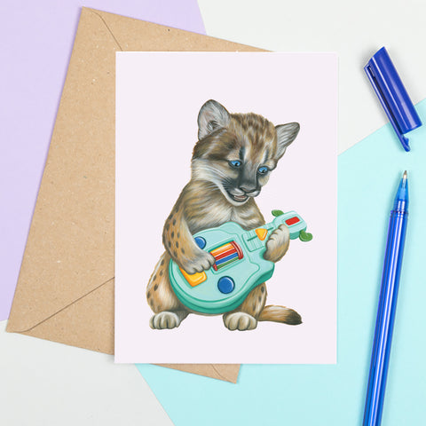 Baby Cougar playing guitar - Greeting Card