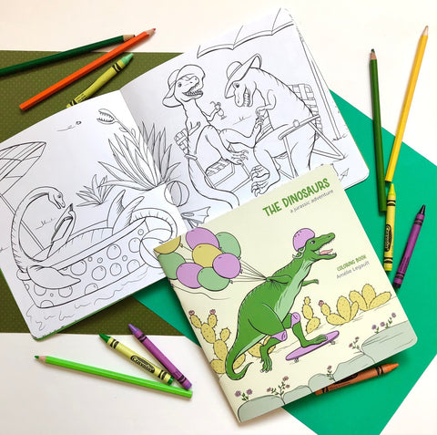 The dinosaurs coloring book cover page and interior design by Amelie Legault