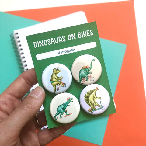 Dinosaurs on bikes Fridge Magnets (set of 4)