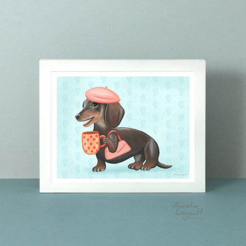 A print featuring a dog drinking coffee