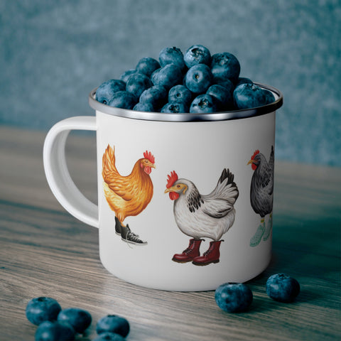 Fashionable Hens wearing shoes enamel mug with stainless steel rim