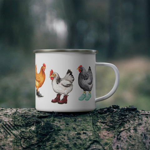 Fashionable Hens wearing shoes enamel mug with stainless steel rim