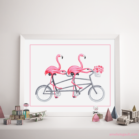 Flamingos riding a tandem bicycle Poster