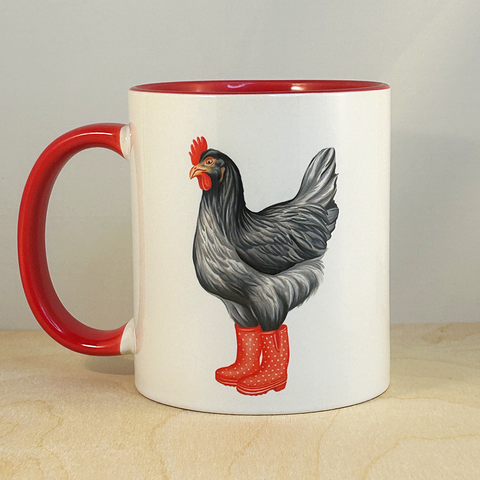 Tasse Poule en botte de pluie rouge