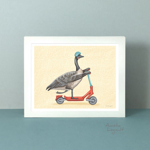 A poster featuring a canadian goose riding a scooter by Amelie Legault 