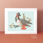 A poster of a goose trying to talk on the phone with her babies